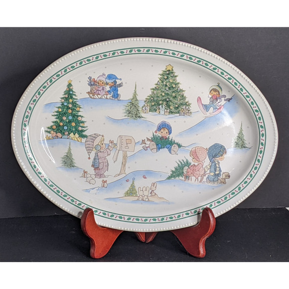 1996 Precious Moments Winter Scene Oval Platter Plate Dish 13 x 9.5" - Picture 8 of 8
